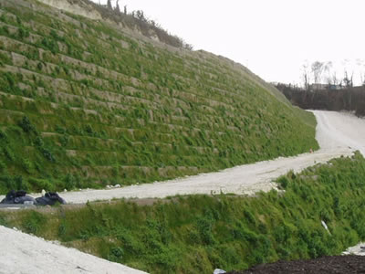 Besides a winding road, a stepped slope is covered with grass.