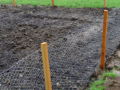 A blank land is fenced by hexagonal wire mesh in the lawn.