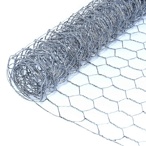 A roll of galvanized poultry netting on white background.