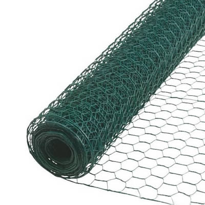 A roll of green color PVC coating hexagonal wire mesh on the white background.