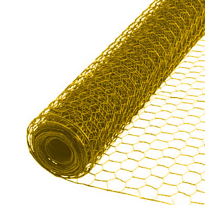 A roll of yellow color hexagonal wire mesh on the white background.