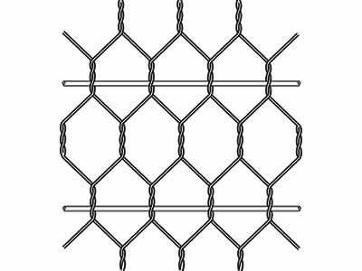 Transverse rod is woven into the hexagonal wire mesh on a asphalt road.