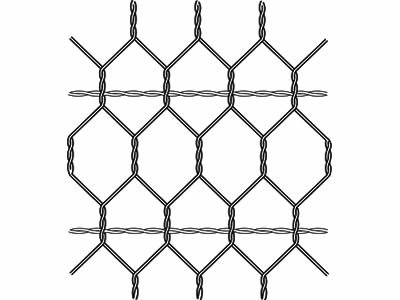 Twisted two steel wires, which functions as reinforcing rod, is woven into hexagonal wire mesh.