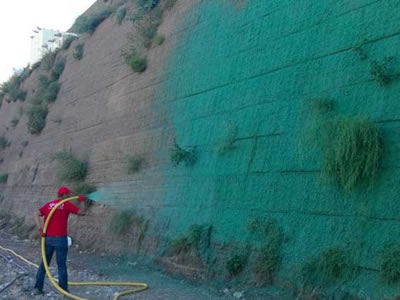 A worker is spraying seeding onto the surface of the green terramesh which is fixed on a slope.