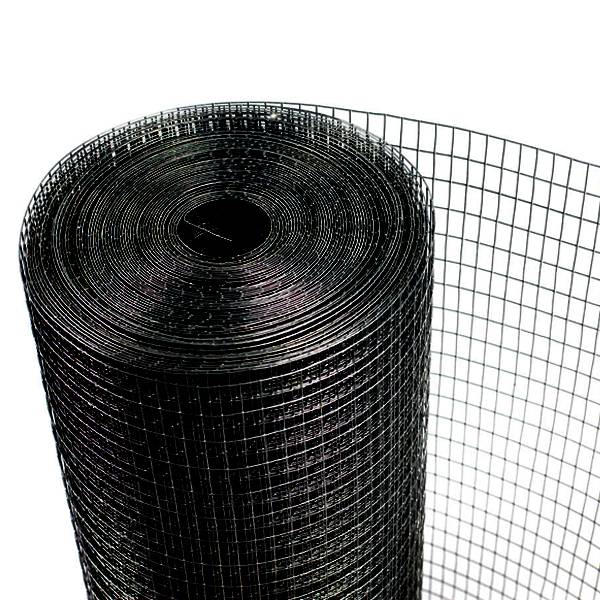 A roll of black PVC coating square mesh crab trap wire on white background.