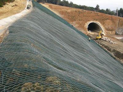 Large area hexagonal wire mesh is tiled on slope.