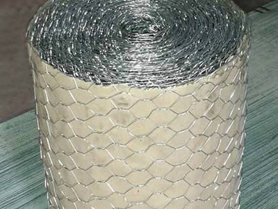 A roll of hexagonal wire mesh is standing on table.