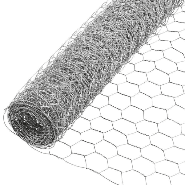A roll of stainless steel poultry netting on white background.