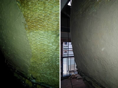 Plaster has been totally spread over the boiler rock wool surface.